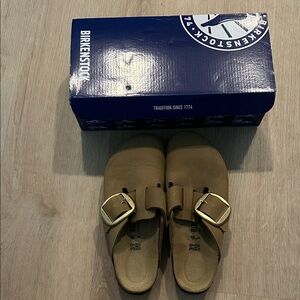 Birkenstock Tan Mules with Gold Buckle